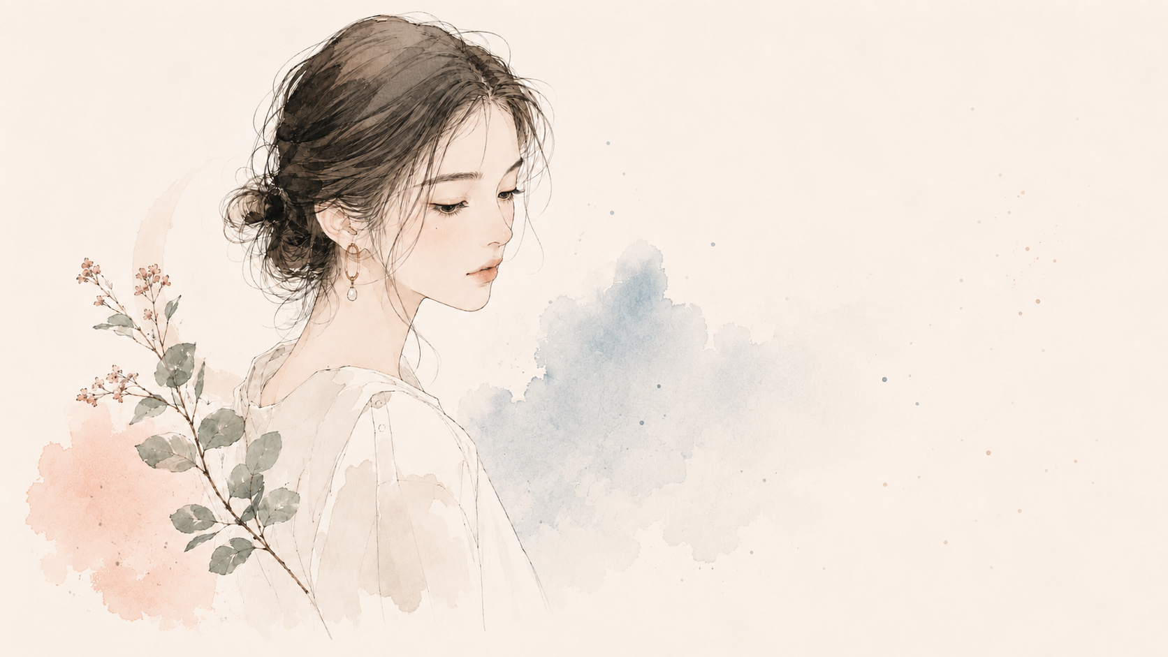 伏し目がちに佇む女性の水彩とインク線のイラスト